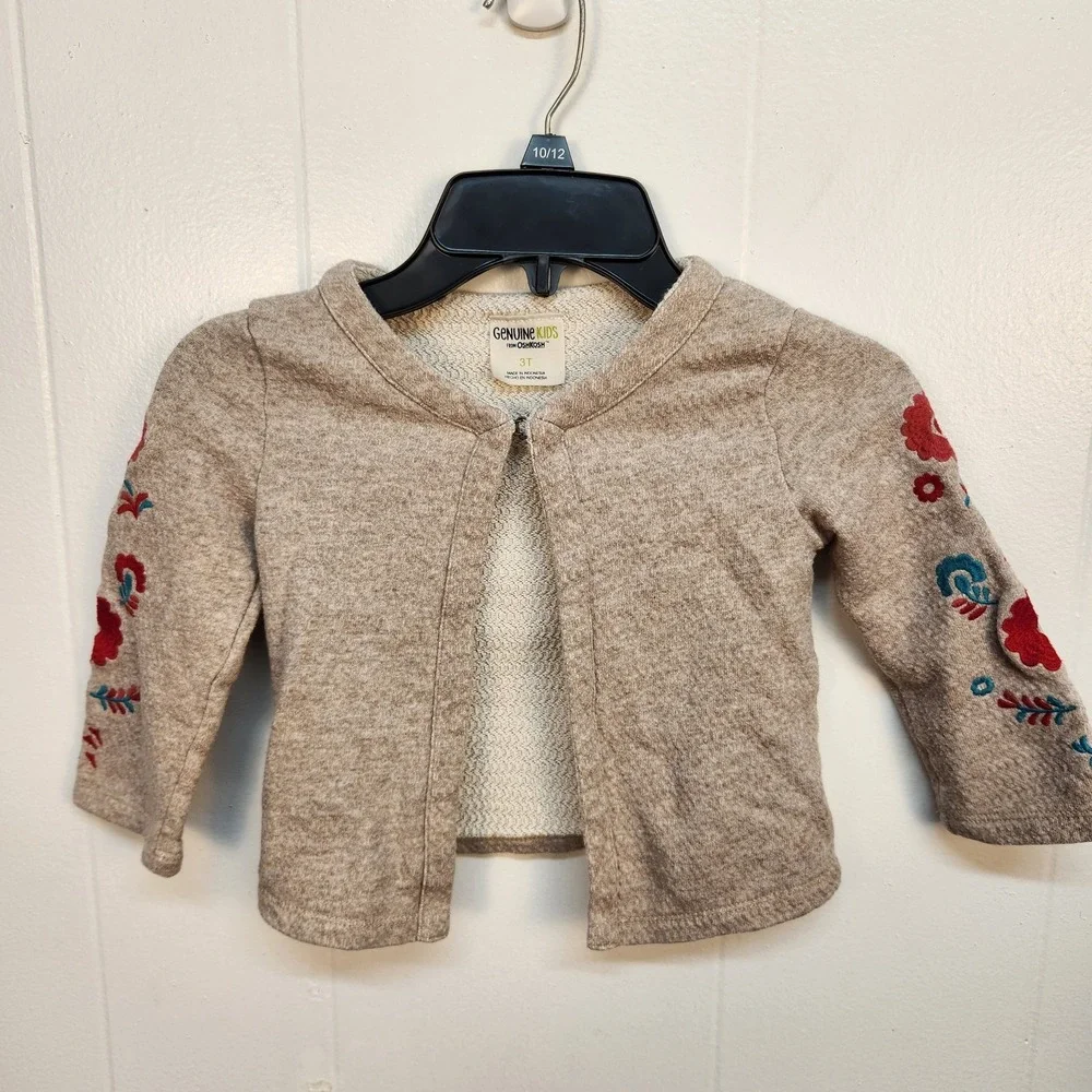 Genuine Kids OshKosh Cardigan Sweater 3T Beige Embroidered Floral Cotton‎ Girls